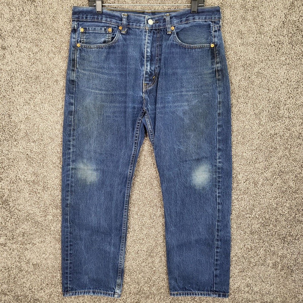 Levis 505 Regular Fit Jeans Mens W36 L30 Fits 35x28 Blue Denim Pants Distressed